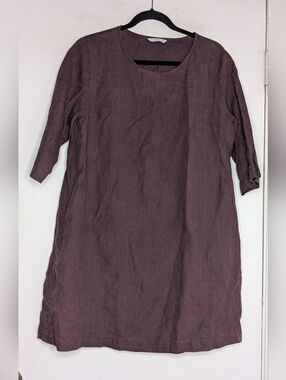 Linenfox Amalfi 3/4 sleeve loose fit scoop neck dress in eggplant size medium